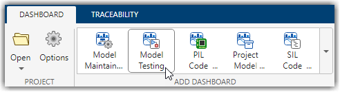 Dashboard toolstrip showing the Model Testing button selected in the Add Dashboard gallery