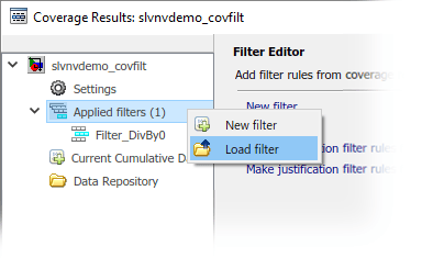 Context menu for the Applied filters selection displays two options: New filter and Load filter