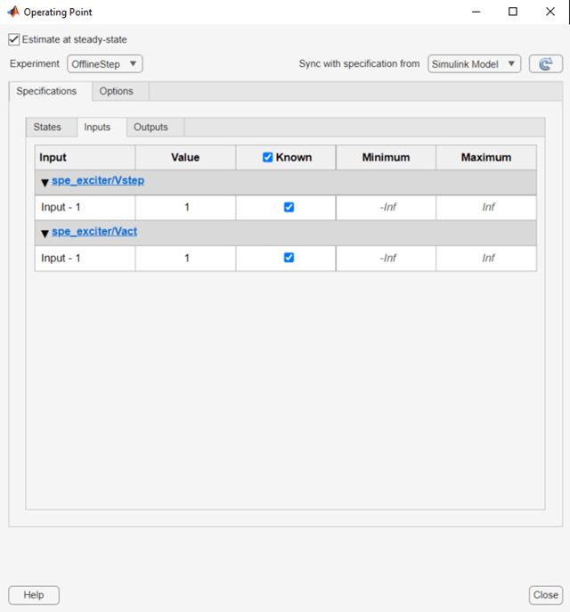 Operating Point dialog box showing the Inputs tab under the Specifications tab.