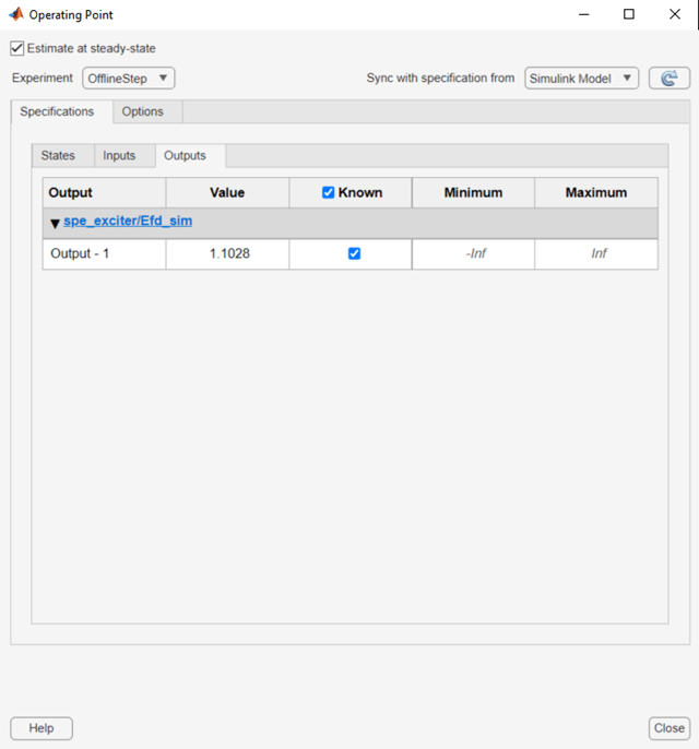 Operating Point dialog box showing the Outputs tab under the Specifications tab.