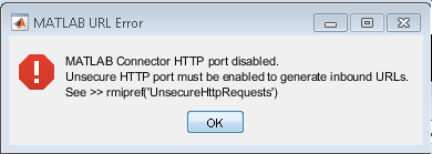 The MATLAB URL Error window shows that the MATLAB Connector HTTP port is disabled.