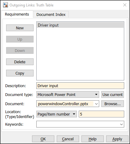 The Outgoing Links dialog box. All the fields except the keywords field are specified