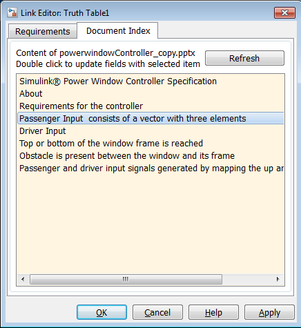 The Outgoing Links dialog box is set to the Document Index tab and the Passenger Input consists of a vector with three elements in powerwindowController.pptx is selected.