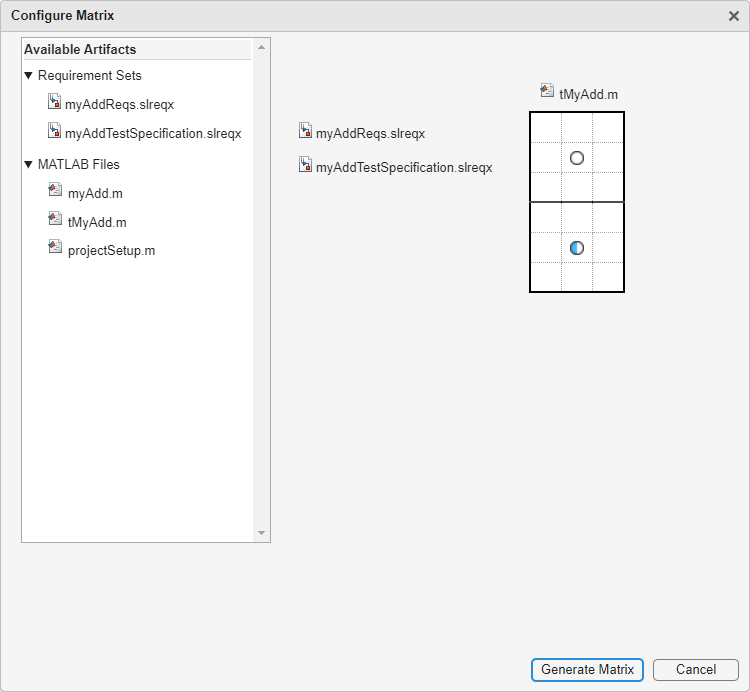 The Configure Matrix window has the myAddReqs requirement set and the myAddTestSpecification on the left, and the tMyAdd test file on top.