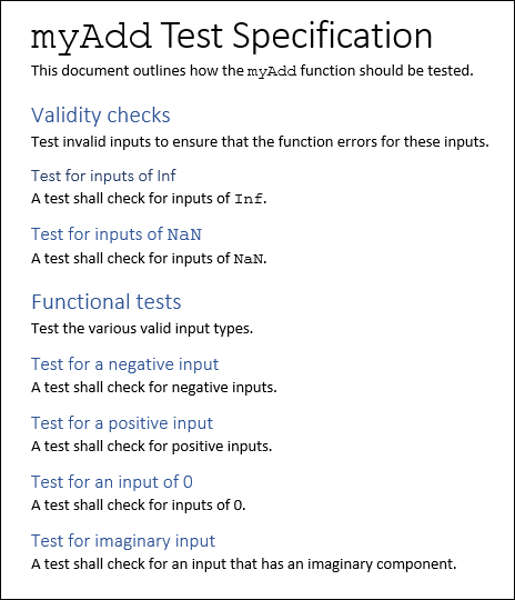 Screenshot of the test requirements in myAddTestSpecification.docx.