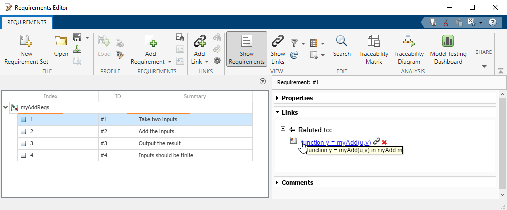 In the Requirements Editor, requirement 1 is selected. The mouse points to the linked item in the right pane, under Links.