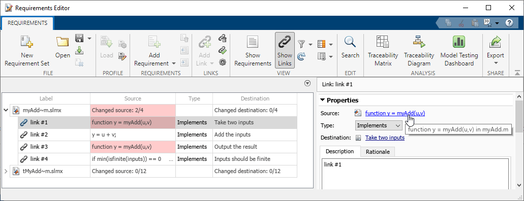 Link #1 is selected in the Requirements Editor. In the right-pane, under Properties, the mouse points to the link source.