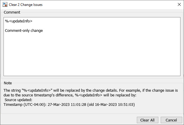 The dialog box contains the text %<updateInfo> and Comment-only change, separated by an empty line.
