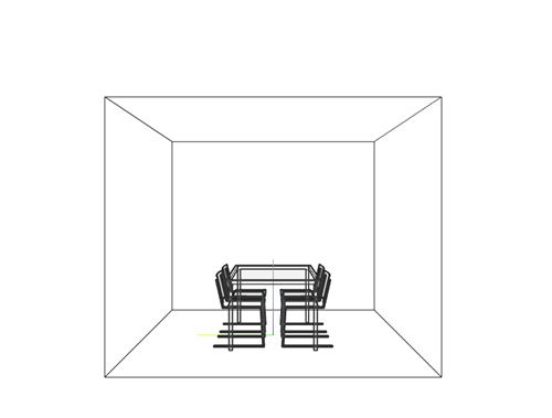 The same 3-D model, with the camera pointing at the sides of two chairs.