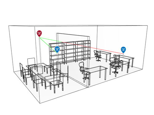 Site Viewer with office model showing line-of-sight paths from the transmitter site to the receiver sites