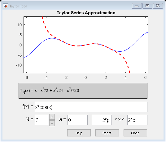 Figure Taylor Tool contains an axes object and other objects of type uipanel. The axes object with title Taylor Series Approximation contains 2 objects of type line.