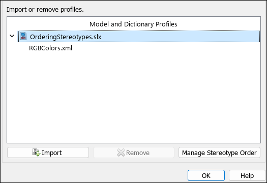 Manage Profiles tool with RGBColors profile shown linked to the OrderingStereotypes model and the Manage Stereotype Order button visible on the bottom right.