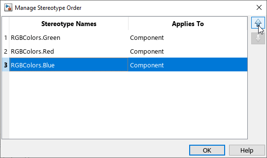 Manage Stereotype Order dialog box with stereotypes ordered from top to bottom as Green, Red, and then Blue, with Blue highlighted.