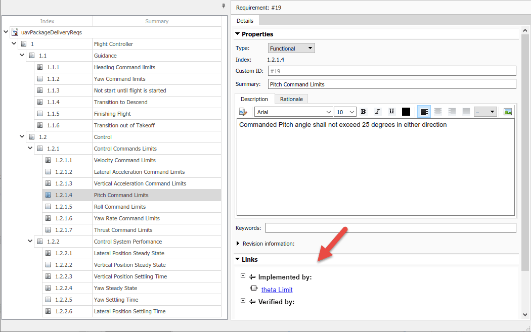 Requirement editor window. "Pitch Command Limits' requirement is selected. Link to "Theta limit" requirement is shown in the details pane.