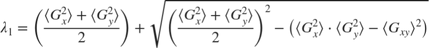 $$ \lambda_1 = \left( \frac{{\langle G_x^2 \rangle} + {\langle G_y^2
\rangle}}{2} \right) + \sqrt{ \left( {\frac{{\langle G_x^2 \rangle} +
{\langle G_y^2 \rangle}}{2}} \right)^2 - \left( {\langle G_x^2
\rangle} \cdot {\langle G_y^2 \rangle} - {\langle G_{xy} \rangle}^2
\right)} $$