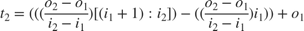 $$ t_2 = (((\frac{o_2-o_1}{i_2-i_1})[(i_1+1):i_2]) -
((\frac{o_2-o_1}{i_2-i_1})i_1)) + o_1 $$