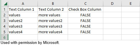 An example spreadsheet in Excel. The spreadsheet has three columns, two are text, and the third is a Boolean. Each column specifies values for four rows. The headings are filled in, and the columns contain content.