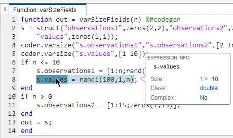 Code generation report, showing size of s.values