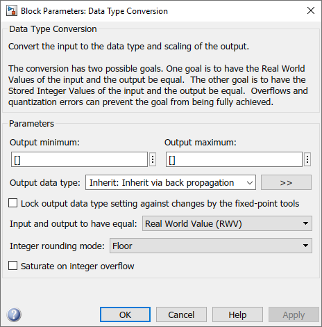 Block Parameters dialog for Data Type Conversion block. The Input and output to have equal is set to Real World Value (RWV).