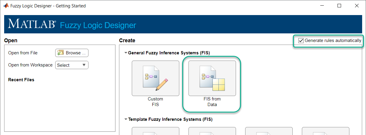 Getting Started dialog - In the top-right corner, the Generate rules automatically parameter is selected. The FIS from Data option is highlighted.