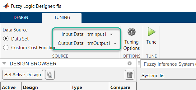 Tuning tab toolstrip highlighting the Input Data and Output Data drop-down lists with trnInput1 and trnOutput1 selected, respectively.