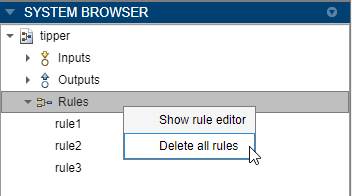 System Browser showing the right-click menu for the Rules entry. The cursor is pointing to the Delete all rules menu item.