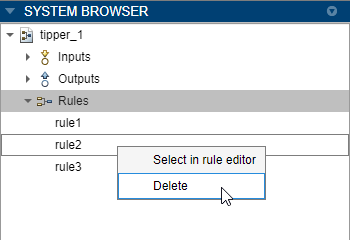 System Browser showing the right-click menu for a rule. The cursor is pointing to the Delete menu item.