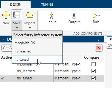 Toolstrip showing the Save drop-down expanded and the cursor over the fis_tuned system.