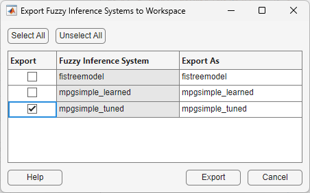 Export Fuzzy Inference Systems to Workspace dialog box containing a table with FIS designs