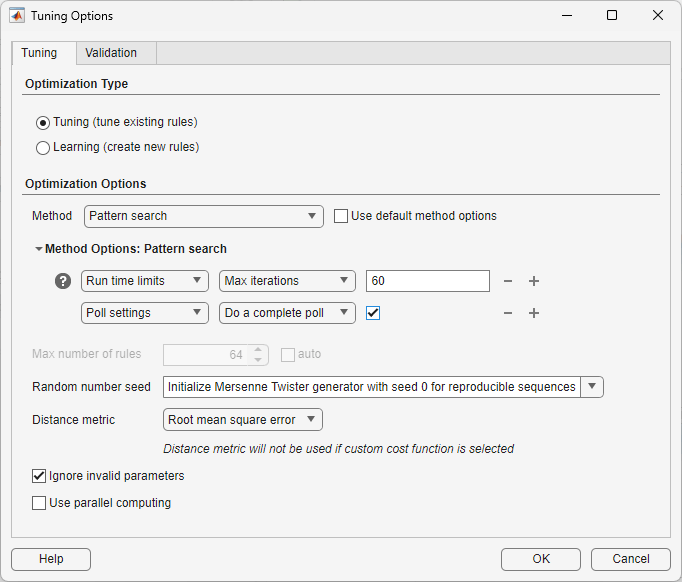 Tuning options dialog box configured for pattern search optimization using the previously specified settings.