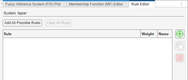 Rule Editor with no rules currently listed in the table. There is a plus icon on the right edge of the Rule Editor near the top of the rule table