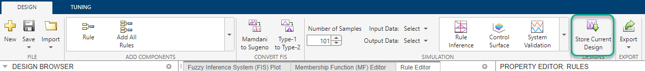 App toolstrip with the Store Current Design option highlighted in the Designs toolstrip section.