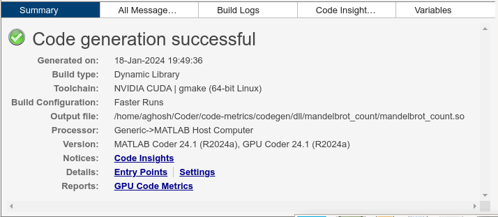 Screen shot of the Summary tab of the code generation report showing the GPU Code Metrics link.