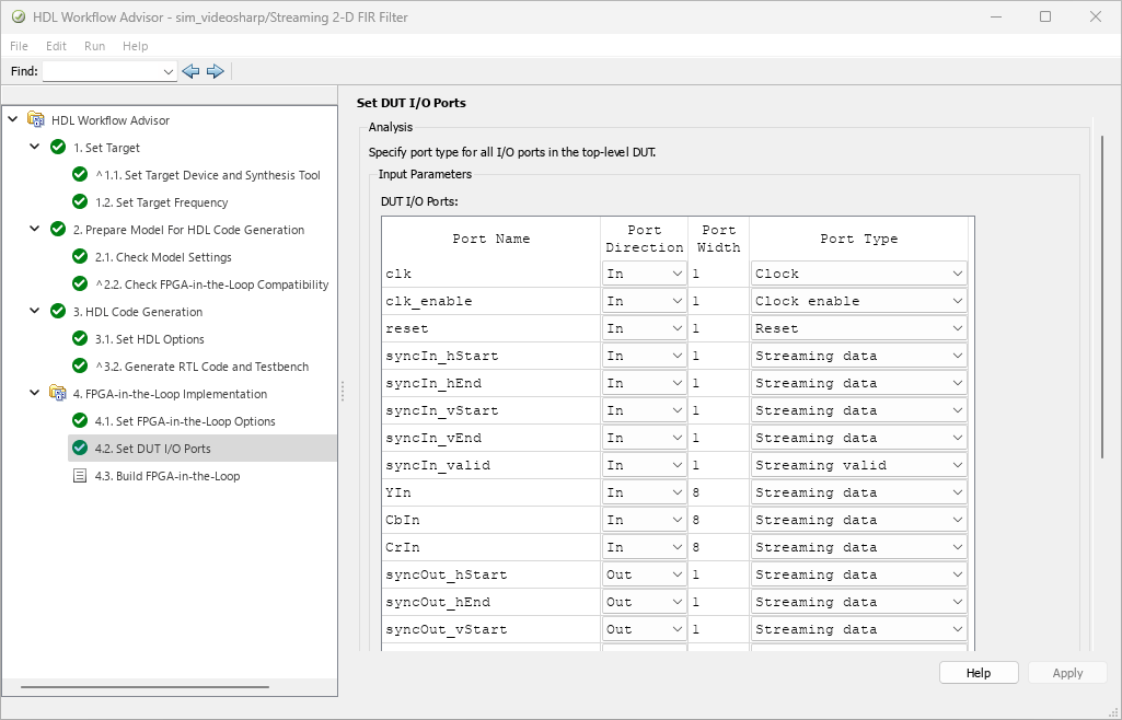 HDL Workflow Advisor open on the Set DUT I/O Ports steps, with ports mapped to inputs and outputs