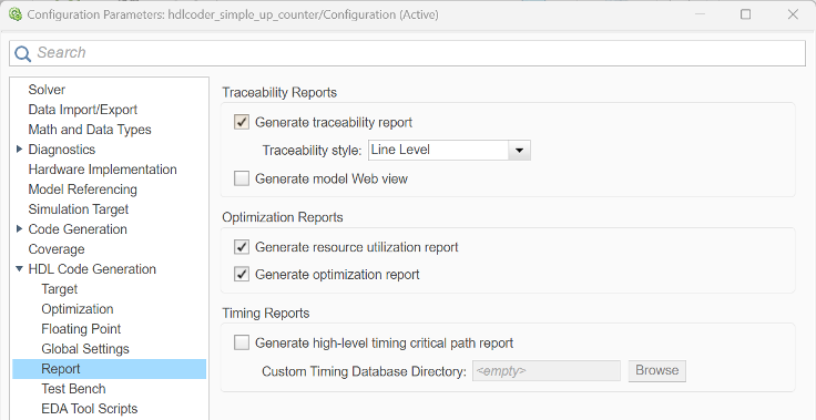 Generate traceability report check box selected in the Configuration Parameters dialog box.