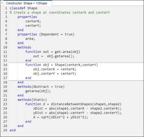 Code pane of the HDL Coder Report Viewer. In the Shape class definition, the Shape method is highlighted.