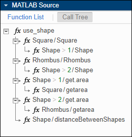 MATLAB Source pane with the use_shape function and the Rhombus constructor expanded.