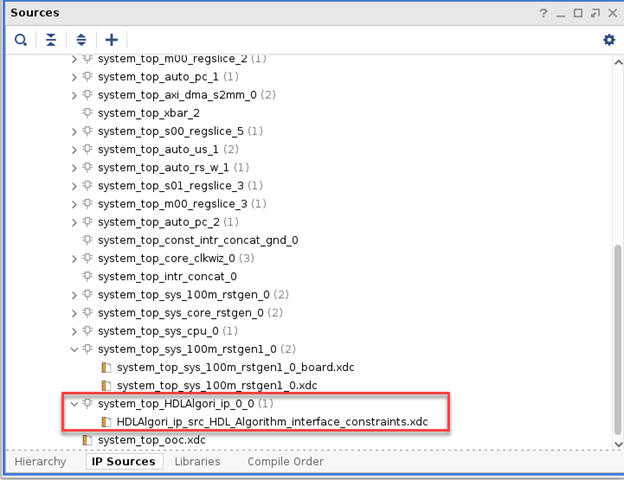 XDC file located inside IP core folder in IP Sources tab in Sources window in the Xilinx Vivado tool