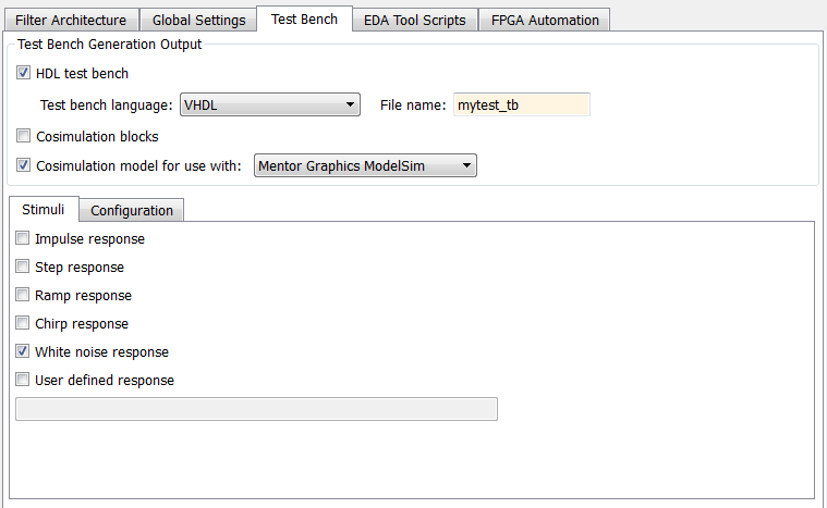 Test Bench tab of the Generate HDL tool