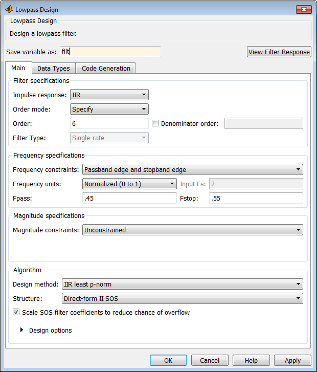 Lowpass Design dialog box