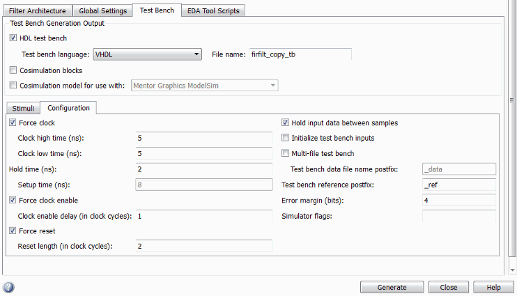 Test Bench tab of the Generate HDL tool