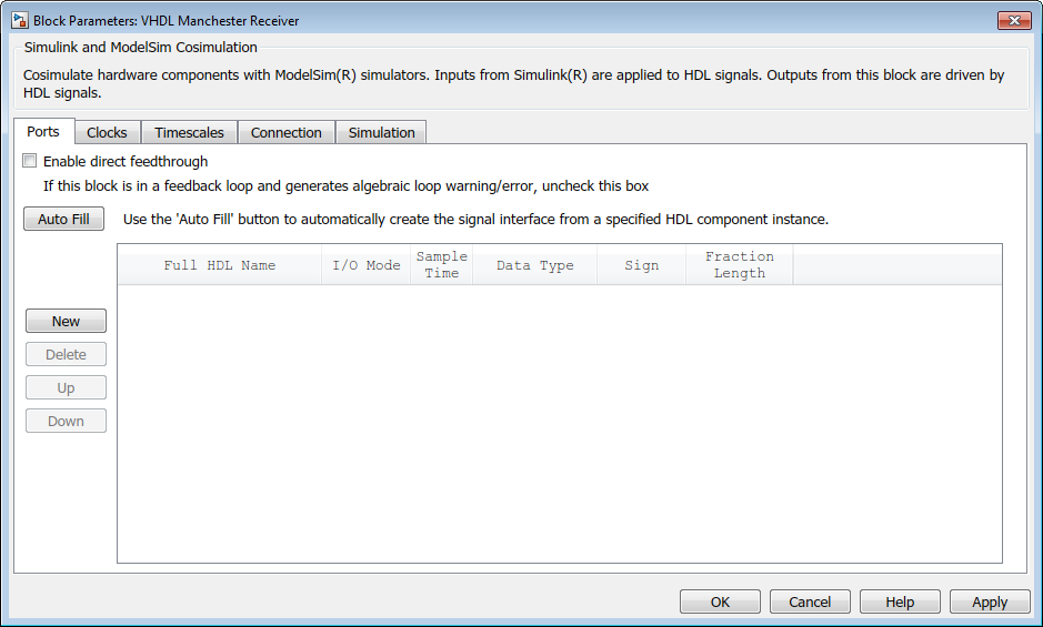 Block mask for the HDL Cosimulation block, open on the ports tab.