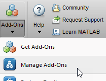 On the MATLAB tool bar, from the Add-Ons menu, select Manage Add-Ons.