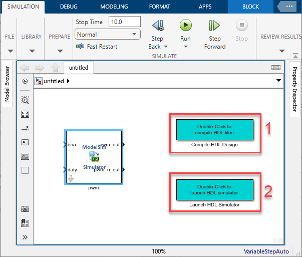Simulink canvas open with the generated HDL Cosimulation block. Two blocks are highlighted: Compile HDL Design and Launch HDL Simulator.