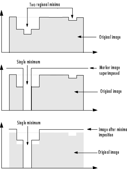 The original image profile has two regional minima. The marker image profile has one minimum. After minima imposition, the final image profile has one minimum at the location of the marker image minimum, dilated to original image at that location.