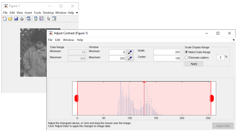 Adjust Contrast tool opened for imshow figure displaying pout image