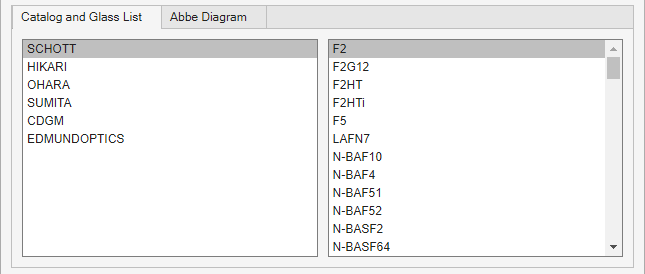 Section of the UI interface of the Optical Material Picker for selecting glass materials from the Catalog and Glass List view.