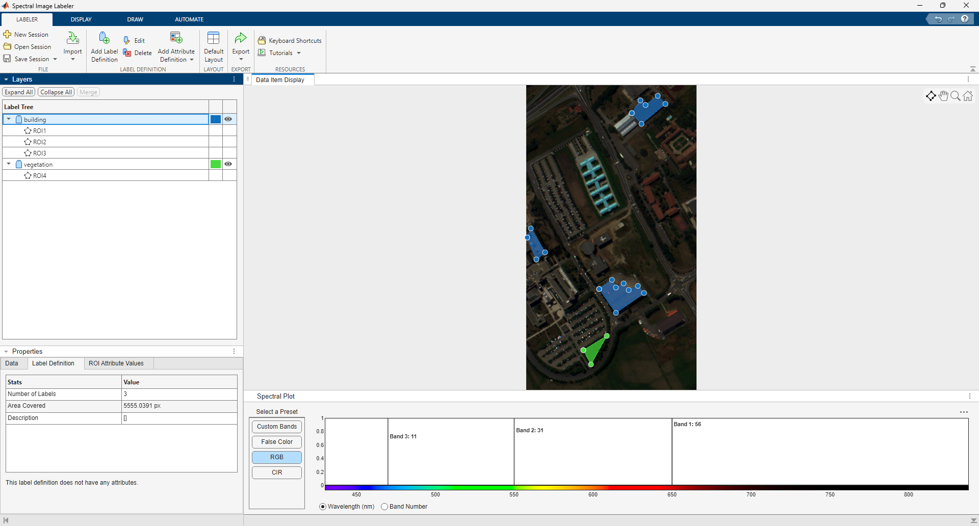 Hyperspectral image labeled in Spectral Image Labeler app.