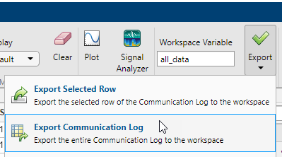 TCP/IP Explorer app showing Export Communication Log option.