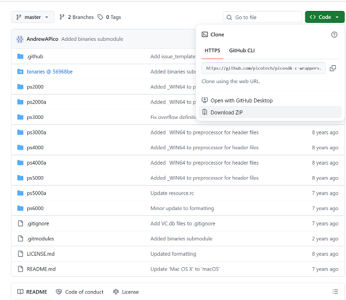 PicoScope binaries by model